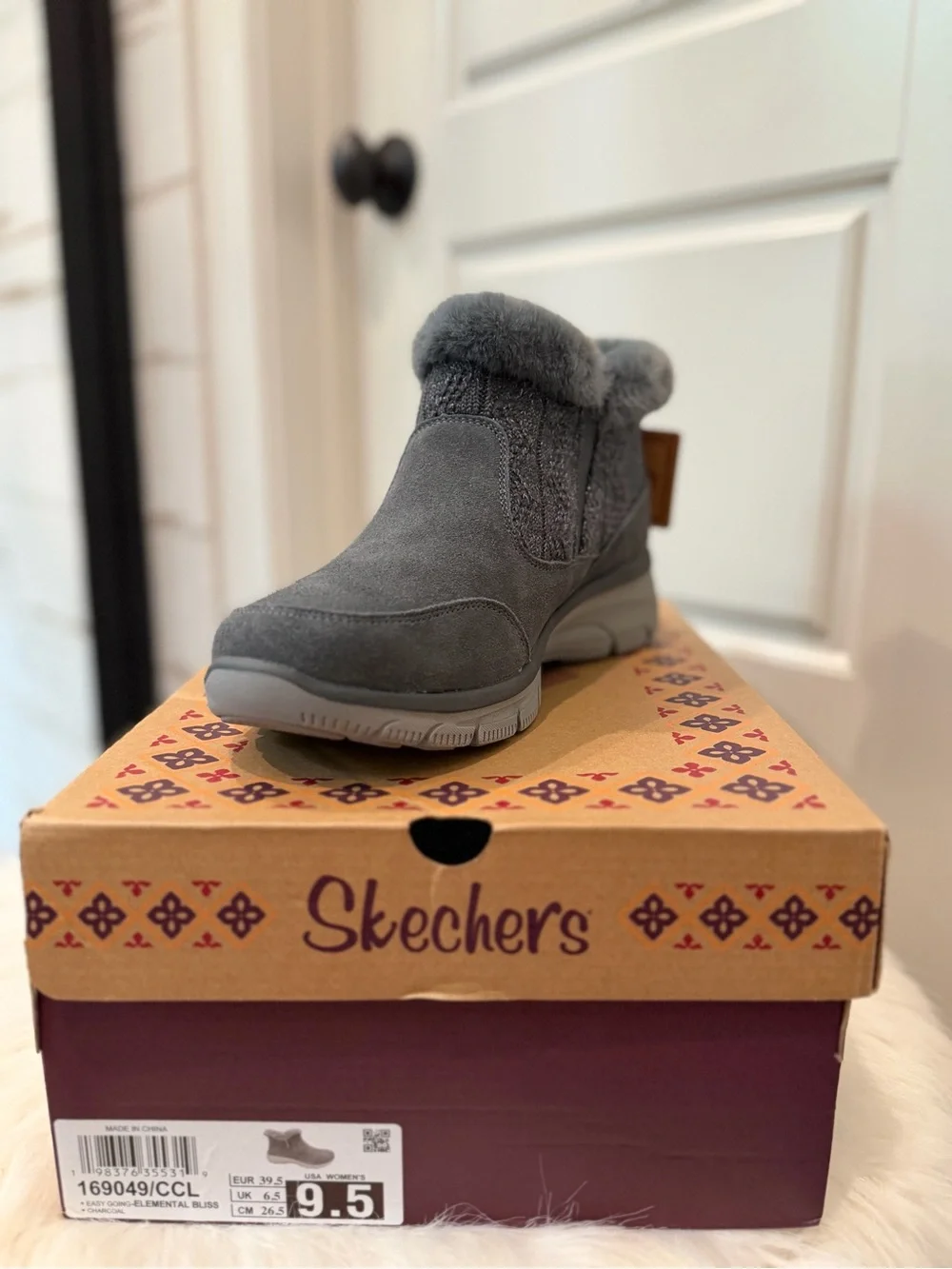 Skechers Gray Faux-Fur Knit Ankle Boots